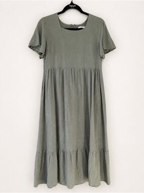 Olive Midi Dress with Relaxed Tiered Skirt